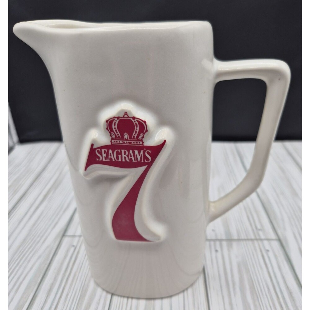 Vintage Seagrams 7 Seven Crown Whiskey Pitcher White Red Lettering Ceramic Bar 7